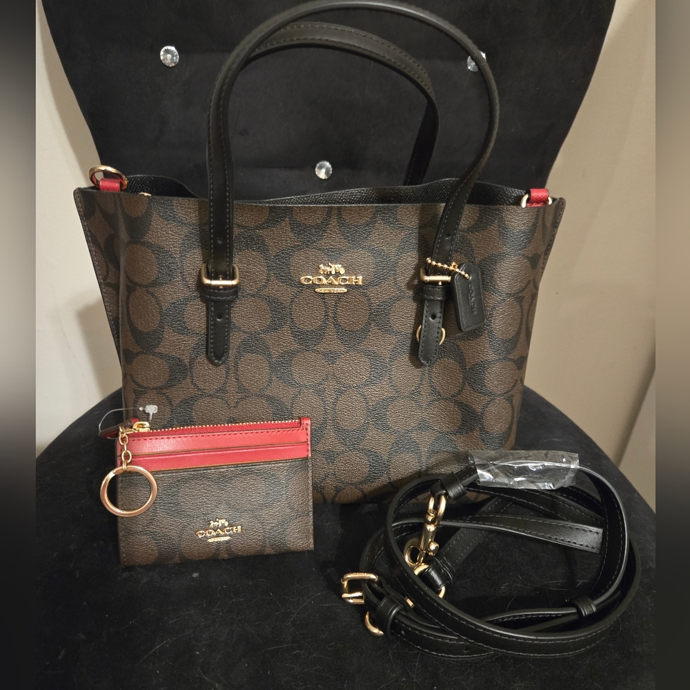 COACH Mini Mollie Tote & ID Case Set Signature Canvas Brown Black Red NWOT